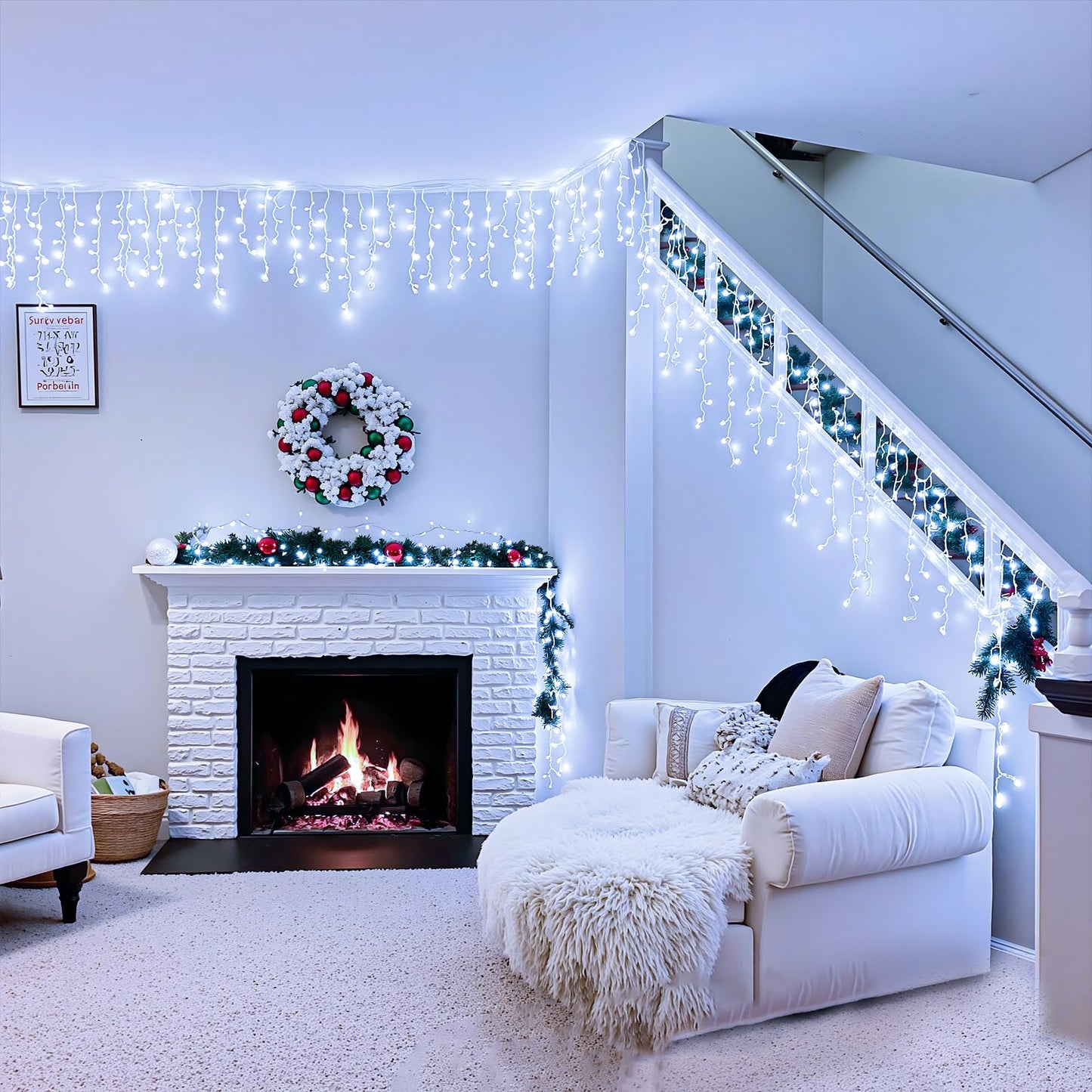 Icicle lights Outdoor - 33ft Christmas Lights with 400LED 75 Drops 8 Modes, Plug in Curtain String Lights Waterproof for Holiday Wedding Party Home Garden Bedroom Indoor Outdoor Decoration, Cool White