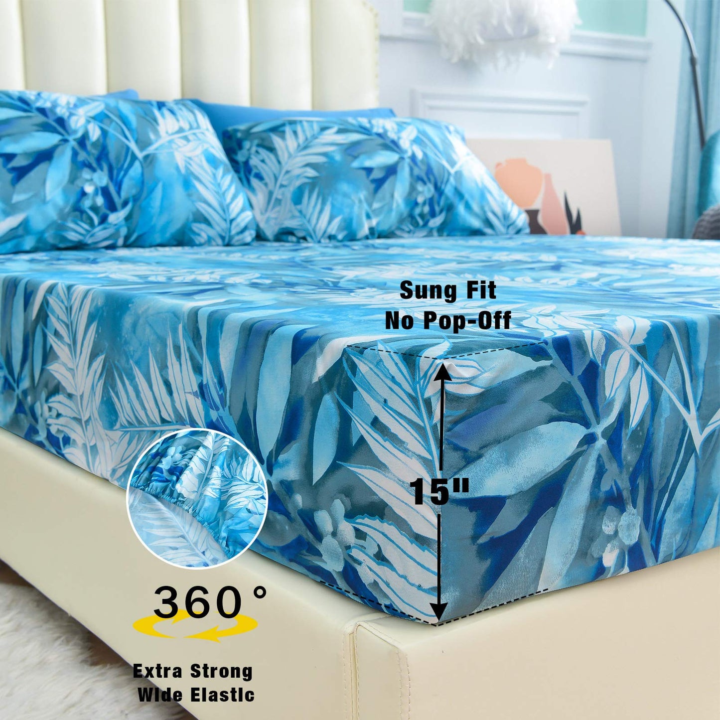 JSD Blue Tropical Leaves Print Sheet Set Queen Size, 6 Piece Soft Pattern Microfiber Bed Sheets Extra Deep Pocket