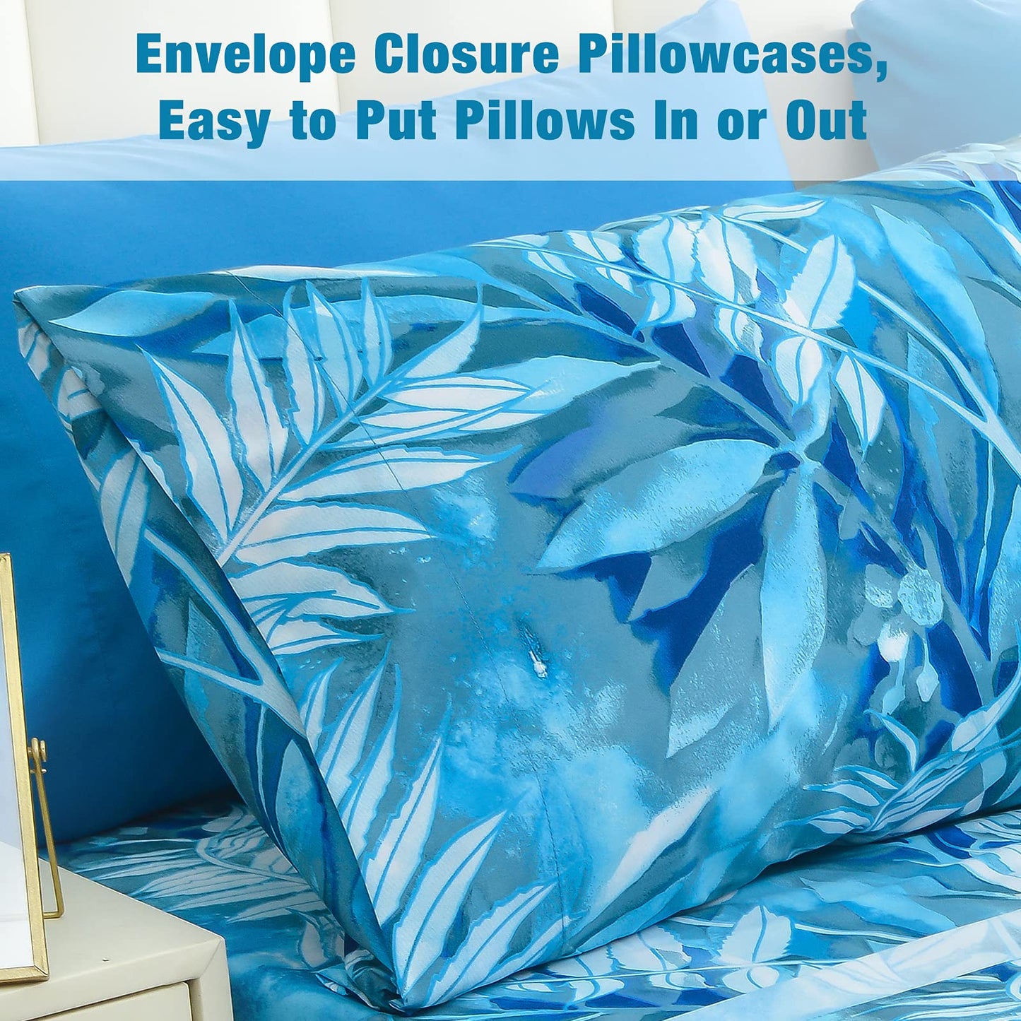 JSD Teal Blue Tropical Leaves Sheet Set Full Size, 4 Piece Printed Microfiber Sheets Extra Deep Pocket Wrinkle Free