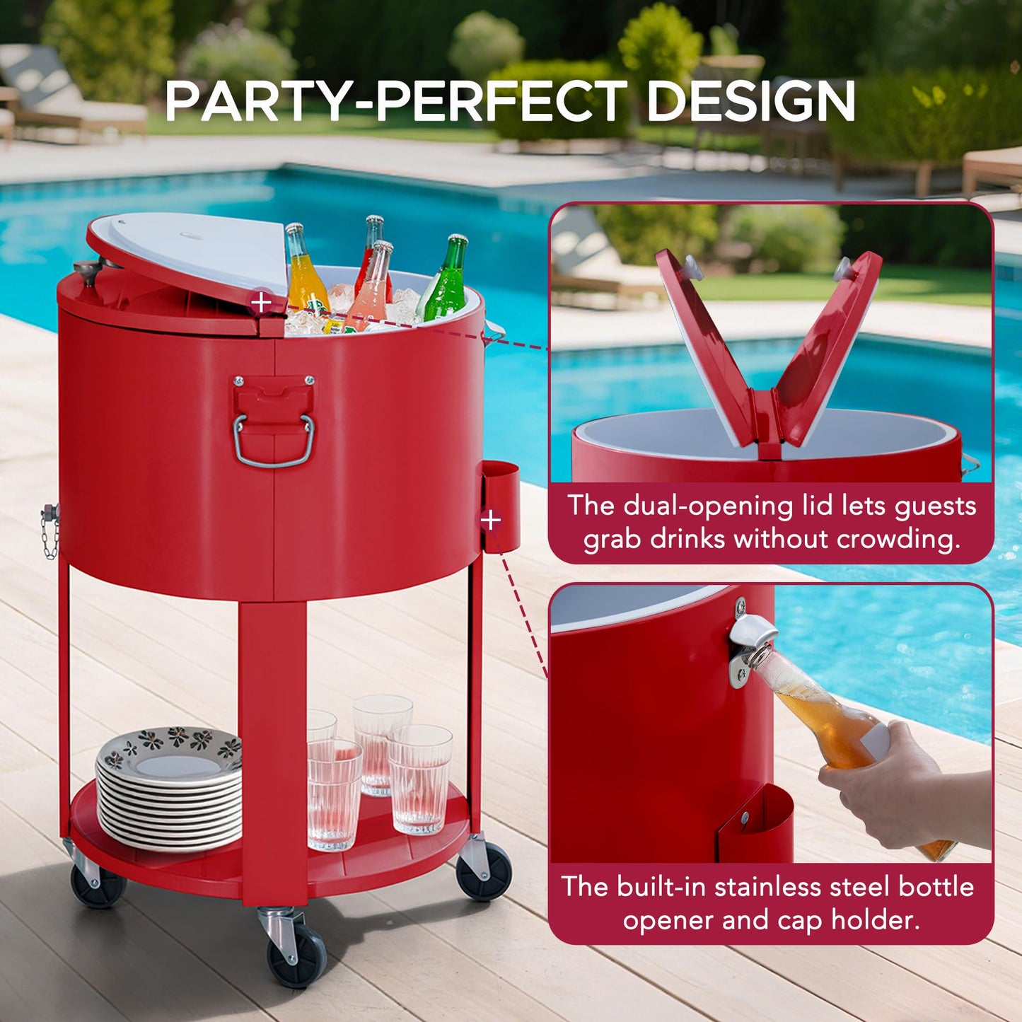 SUNJOY 60 Quart Rooling Ice Chest Cooler Cart, Portable Patio Party Bar Drink Cooler Cart, Beverage Bar with Bottle Opener and Shelf, Red