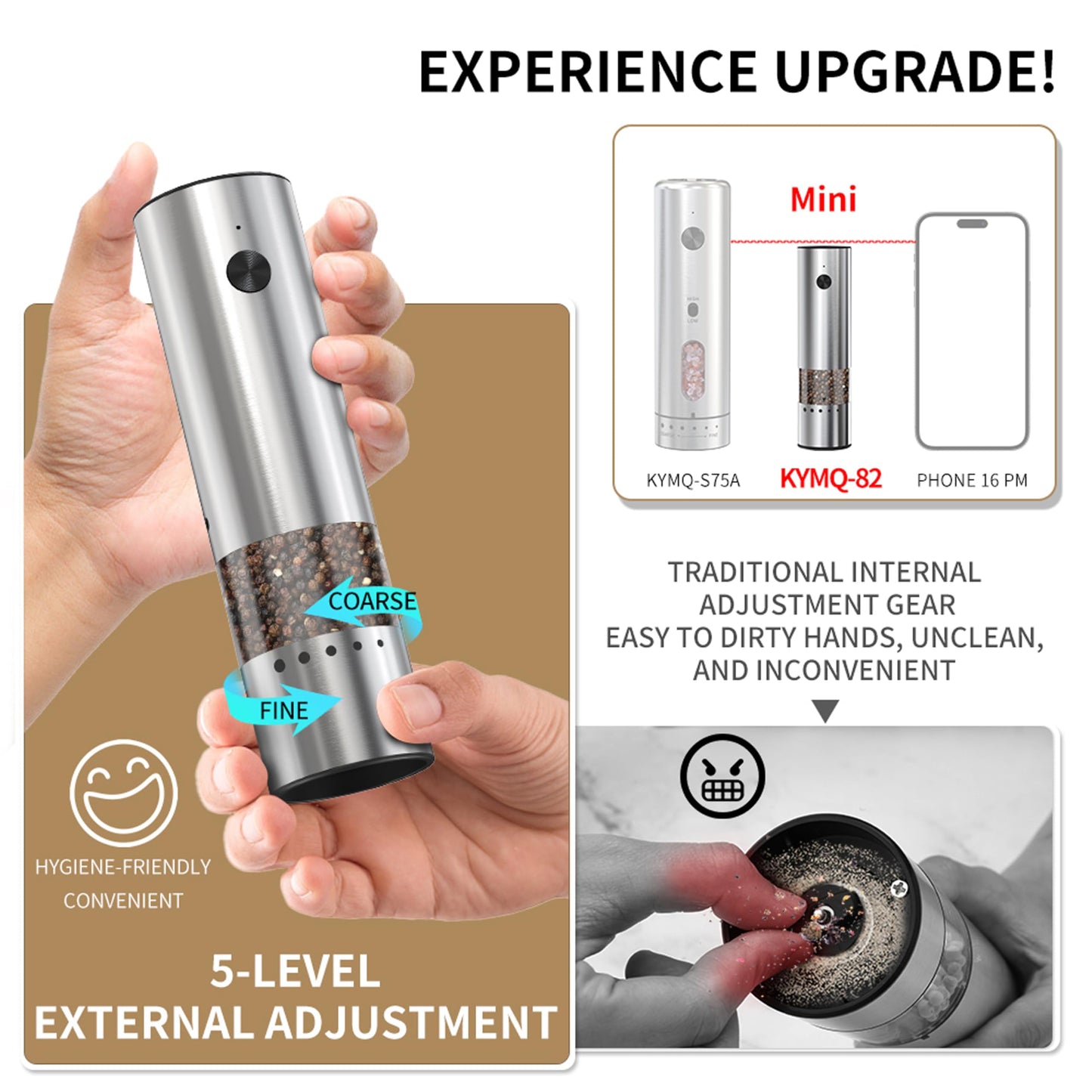 Mini Electric Salt and Pepper Grinder Stainless steel, USB Rechargeable, Small Automatic Salt Pepper Mill Grinder, Travel/Outdoor BBQ/Children, One-Button Control,External Adjustable Coarseness
