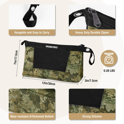 WORKPRO 12" Tool Pouches with Zipper, Heavy-Duty Small Tool Bag, Utility small tool pouch for Tool Organizers and Storage, Mini Tool Bag, 3 Pack, Camo