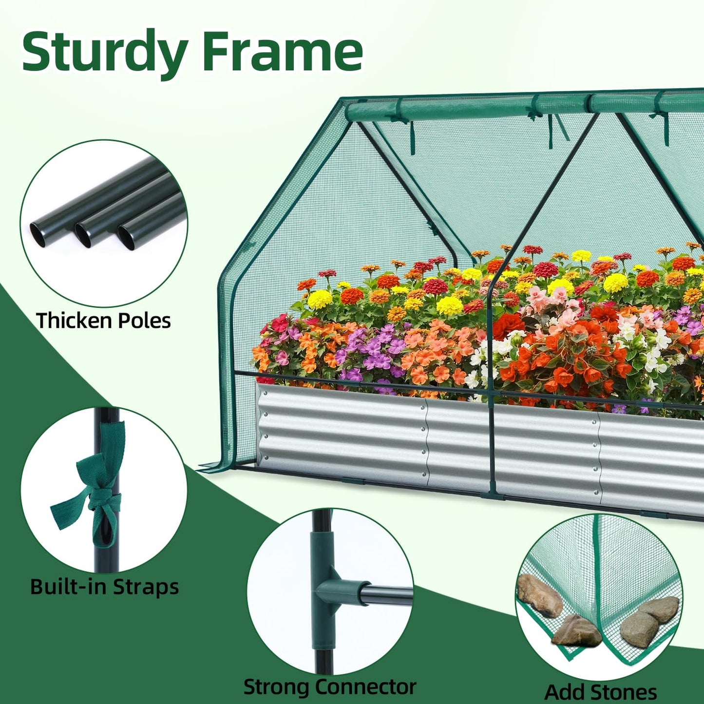 Ohuhu Raised Garden Bed with Greenhouse Cover, 8x4x1 FT Galvanized Metal Planter Box Outdoor with PE Cover, 4 Doors for Ventilation, 3-in-1 Gardening Set for Vegetable Flower Herb Succulent
