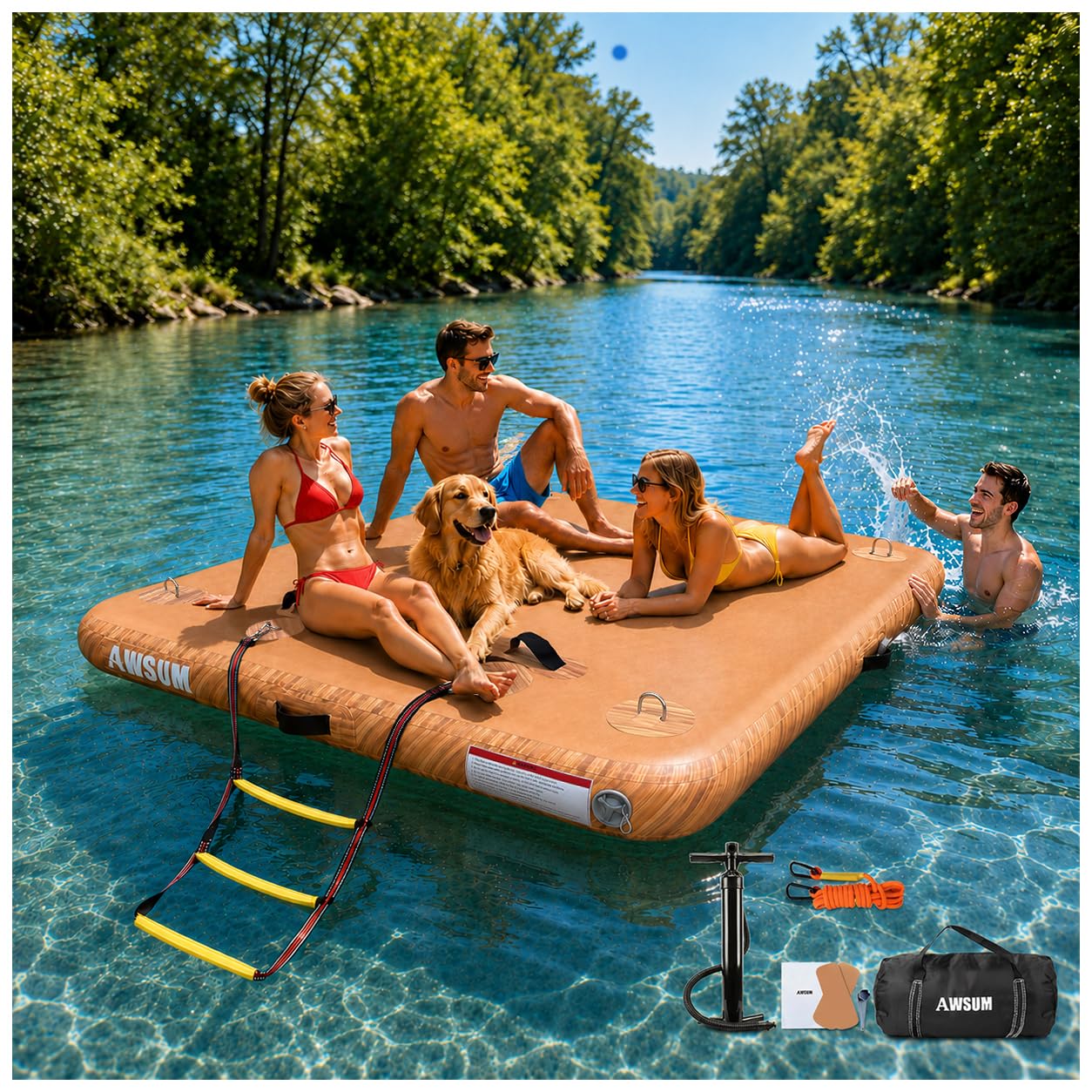 AWSUM Inflatable Floating Dock 8ft x 6ft Air Water Mat Inflatable Island Swim Platform with Non-Slip Wood Surface for Pool Beach Ocean Lake