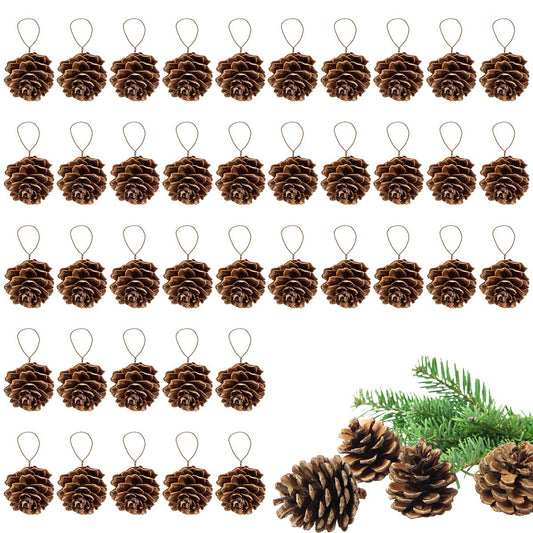 1" Natural Mini Pine Cones Christmas Ornaments - 40 Pcs Hanging Pinecone Crafts with Strings, Bulk Rustic Yule Decoration for Tree Table Garland Wreath Gift Tag Vase Filler