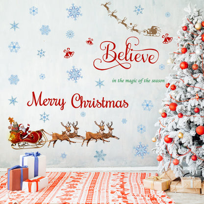 Spiareal Christmas Window Wall Decals Santa Sleigh and Reindeer Xmas Wall Stickers Merry Christmas Quote Stickers Santa Claus Snowflake Window Decal for Home Shop Xmas Party Decorations