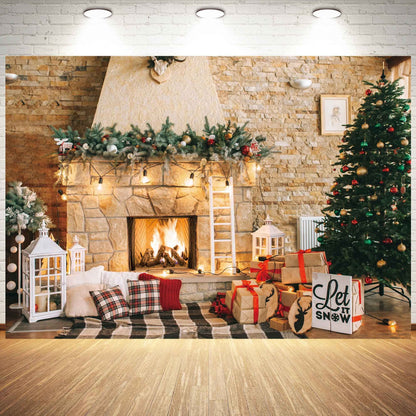 Haboke 10x8ft Christmas Fireplace Theme Backdrop for Photography Christmas Tree Decorations for Xmas Party Supplies Background Pictures Banner Photo Studio Decor Booth Props
