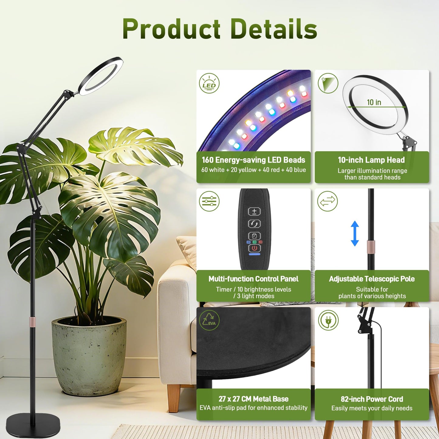 LETKEYS Floor Grow Lights for Indoor Plants, 10in Head Full Spectrum LED Plant Light with Stand, 10 Dimmable Levels & 3 Lighting Modes, Auto On Off Timer 3/9/12H, 36.6-66.6" Adjustable Height, Black