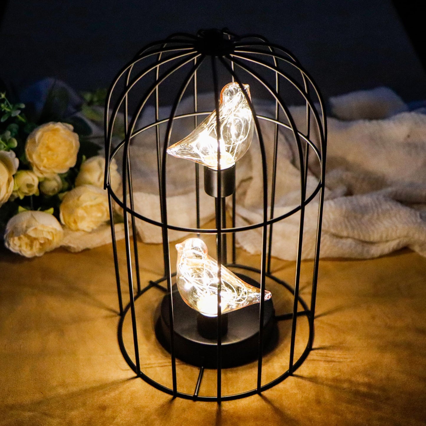JHY DESIGN Birdcage Decorative Lamp Battery Operated 12" H Cordless Table Lamp with Warm White Fairy Lights Bird Bulb for Indoor Bedroom Living Room Home Wedding Xmas(Black)