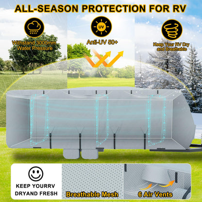DenForste RV Cover 33-35ft, Travel Trailer Heavy Duty Extra-Thick 8 Layers Anti-UV Waterproof Windproof Camper Cover with Tongue Jack Cover, Extra Windproof Ropes, Gutter Covers