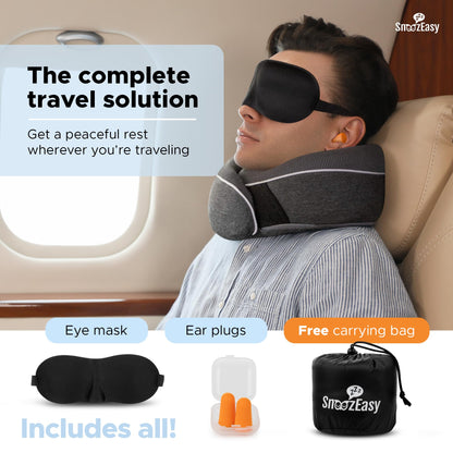 SnoozEasy™ Travel Pillow for Adults | Memory Foam 360 Degree Neck Support with Removable Pillow Case | Includes Travel Bag, Eye Mask and Ear Plugs | Dark Grey | UK Brand