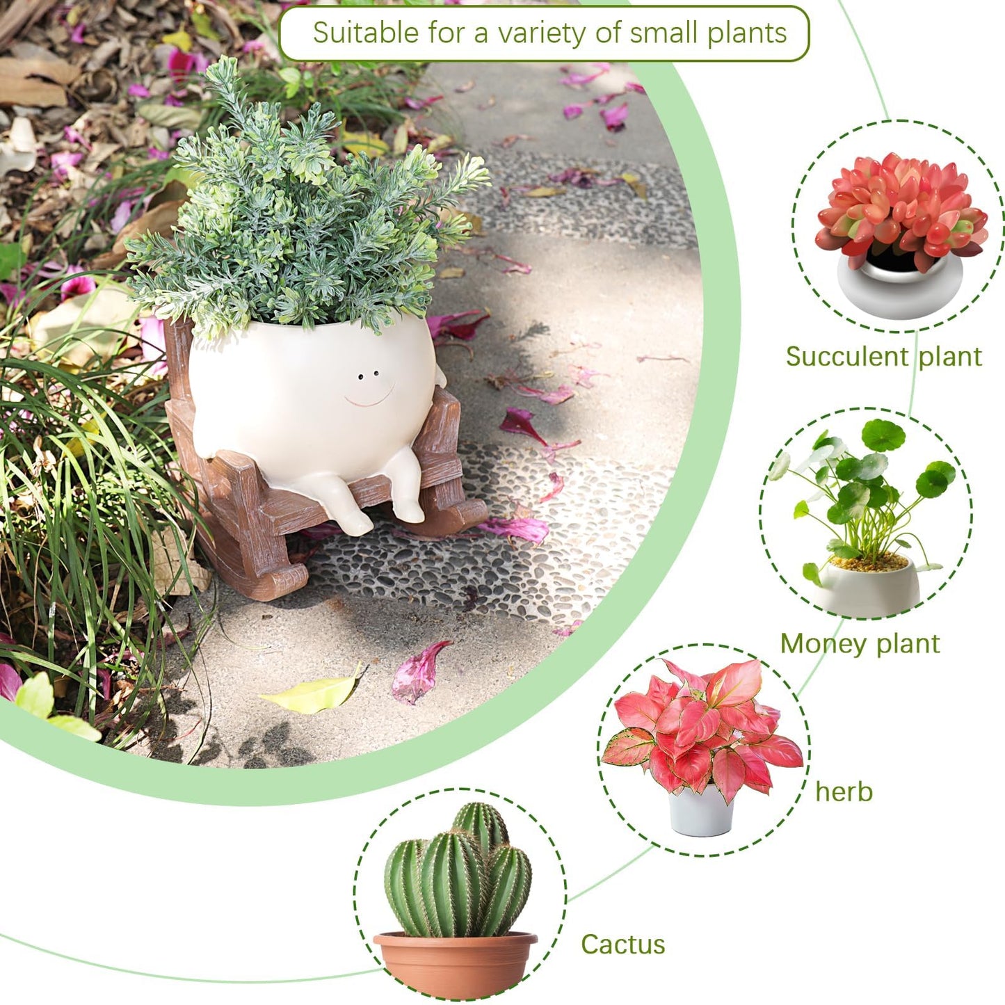 Camotank Smiley Face Rocking Chair Planters Flower Pots for Plants Funny Succulents Plant Live Cute Resin Head Planter for Indoor Outdoor Plants Gift Ideas for Mother and Christmas (Small)