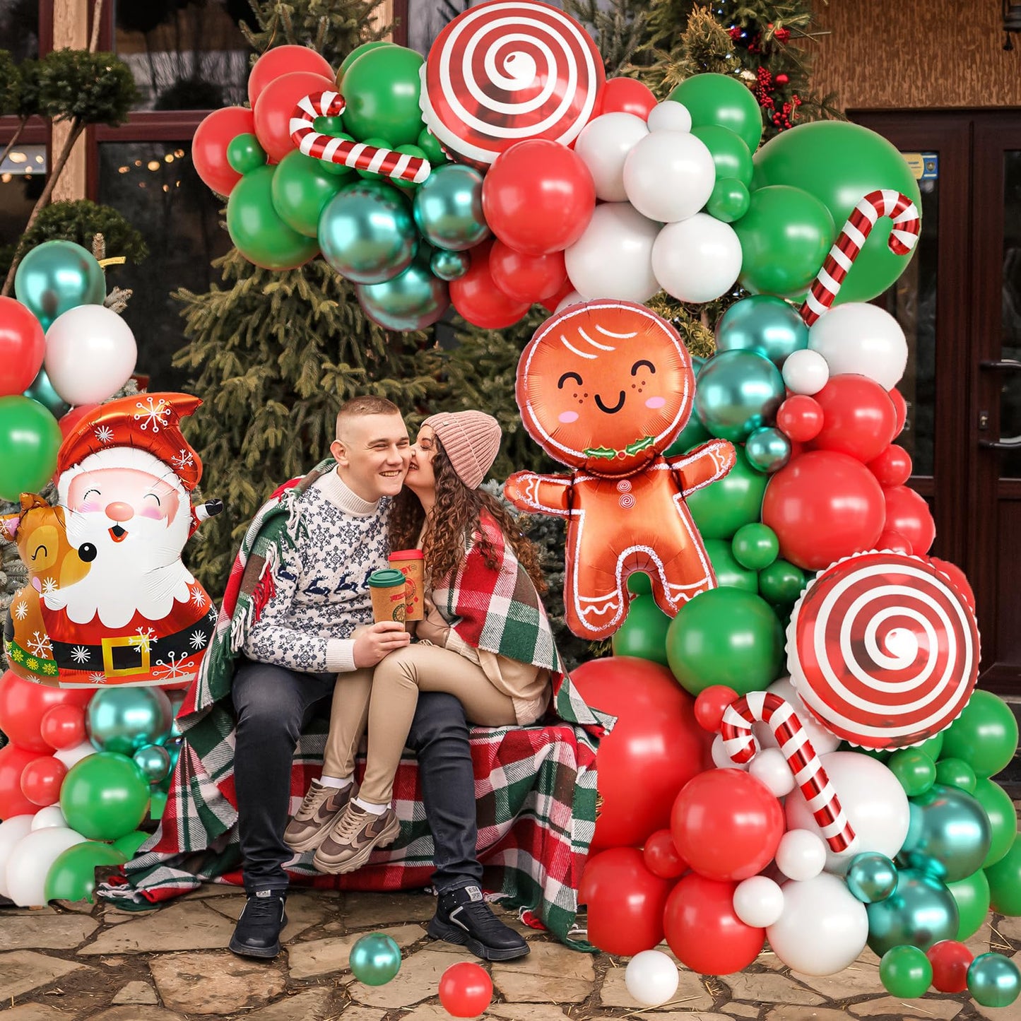 Christmas Balloon Garland Arch Kit, Christmas Balloon Arch with Metallic Green Red White Latex Balloons Snowflake Santa Foil Balloons Candy Cane for Xmas New Year Party Decoration