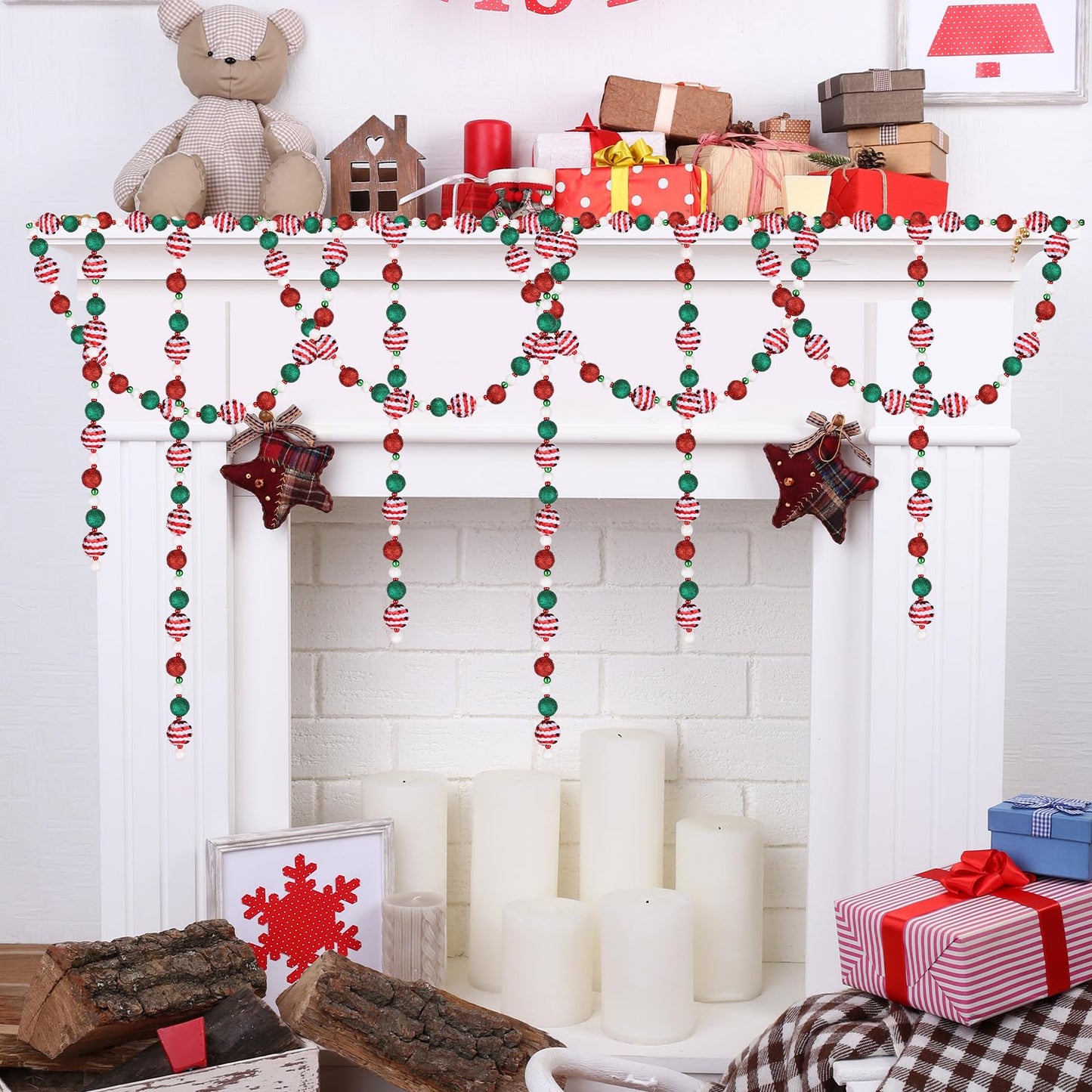 Jetec 16 ft Candyland Christmas Tree Beaded Garland Red Green White Peppermint Sequin Ball Garland Ornament Hanging for Christmas Tree Fireplace Retro Party Decorations