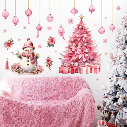 Large Pink Christmas Tree Wall Stickers Christmas Wall Decals Peel and Stick Snowman Stickers for Christmas Home Decor Indoor Hanging Ball Snowflake Art Murals for Living Room Xmas Party Supplies