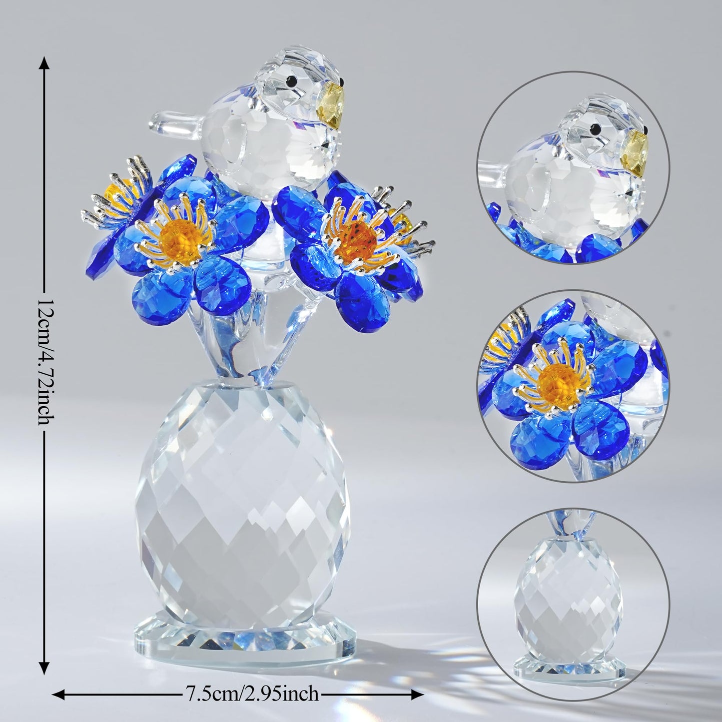 CNCRMEM Crystal Bird & Forget-Me-Not Flower Figurine,3x4 inch Glass Flower Collectible Ornaments for Home Decor Table Centerpiece Glass Bouquet Flowers Keepsake Gifts for Women （Blue）