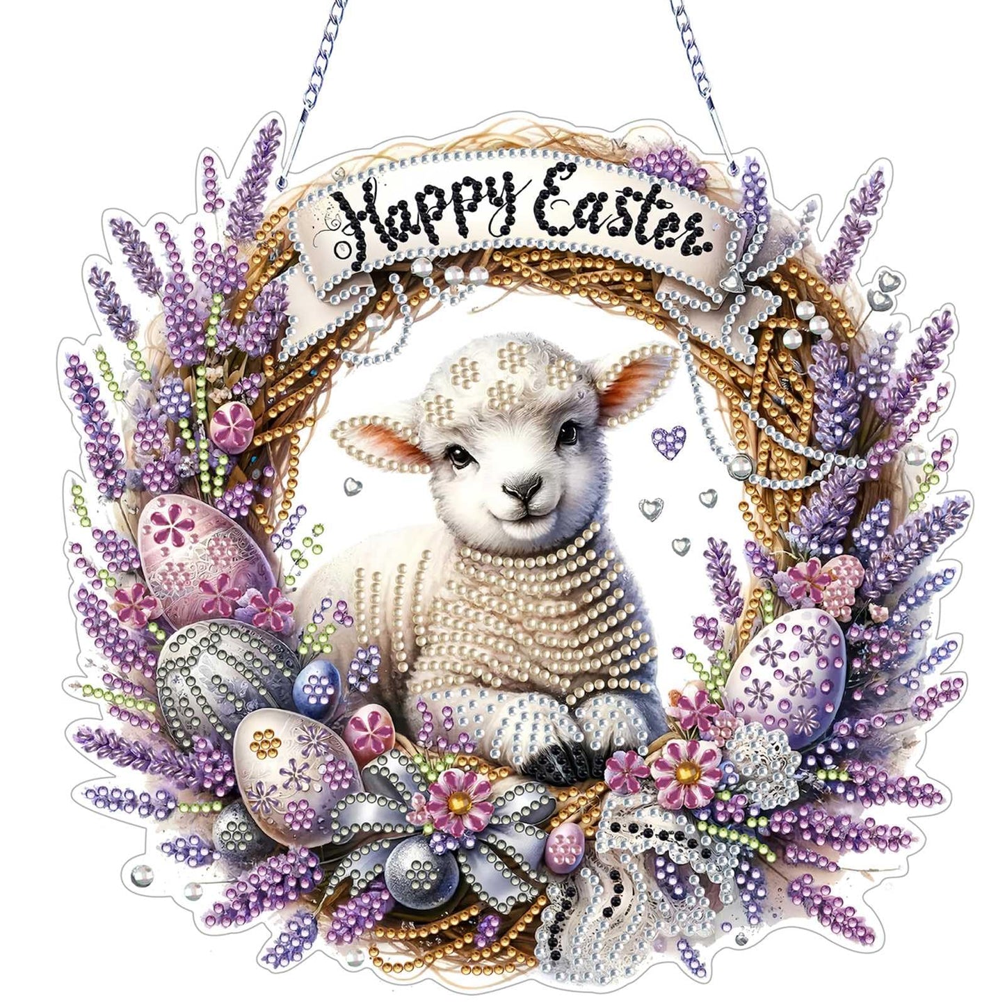 VODAPYC Easter Diamond Art Hanging Kits for Adults, DIY Double Sided Partial Special Shaped Diamond Painting Window Pendant Ornament(Happy Easter Sheep)