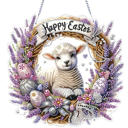 VODAPYC Easter Diamond Art Hanging Kits for Adults, DIY Double Sided Partial Special Shaped Diamond Painting Window Pendant Ornament(Happy Easter Sheep)