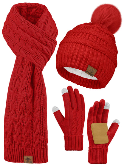 URATOT Women Winter Beanie Hat Scarf Gloves 3 in 1 Set for Women Fleece Lined Beanie Pompom Hat Touchscreen Gloves Long Scarf Red
