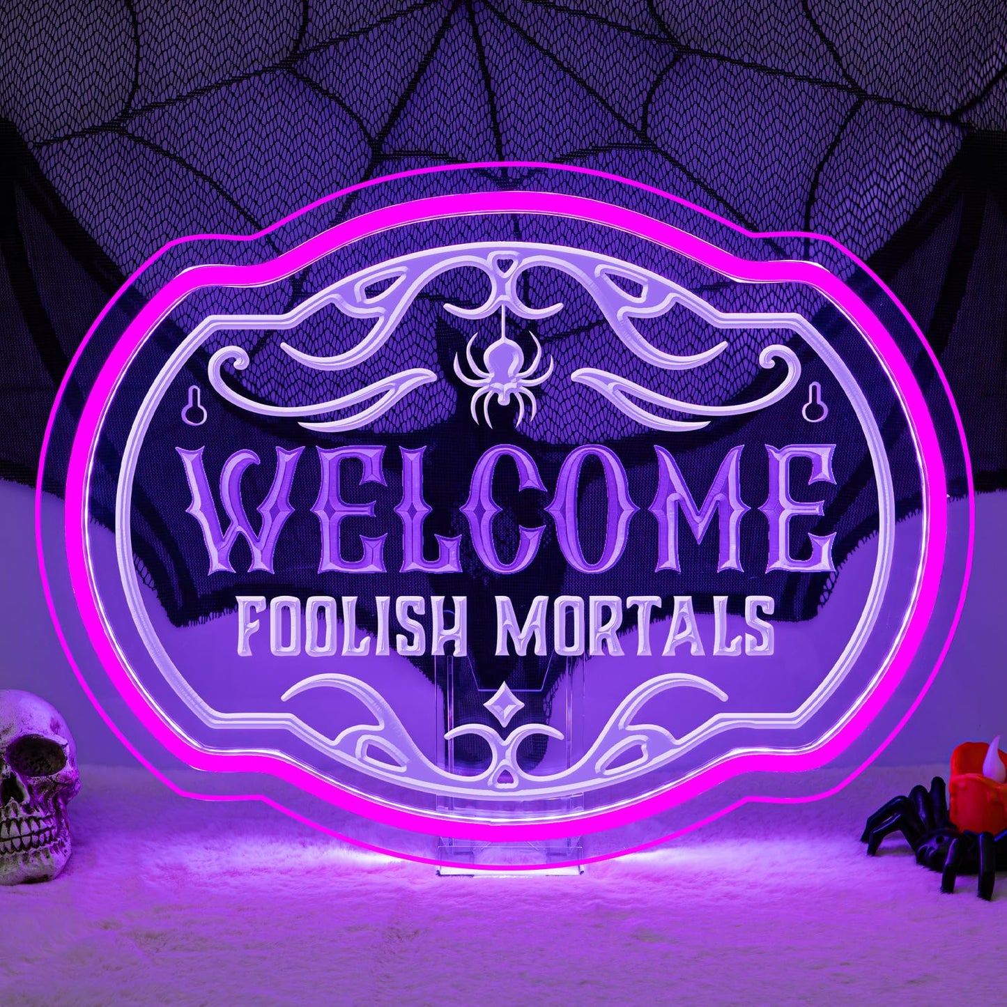 DREAMFORT Welcome Foolish Mortals Neon Sign - Haunted Mansion LED Wall Decor for Christmas, Horror Parties & Themed Bars, USB-Powered with Adjustable Brightness, Spooky Flicker Effect