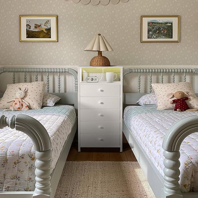 BOLUO White Dresser with 5 Drawers Tall Nightstand with Charging Station and