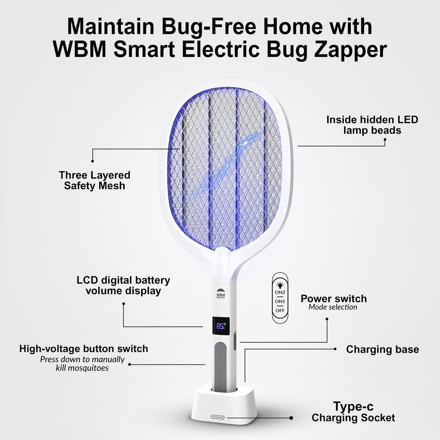 WBM SMART 2 in 1 Electric Bug Zapper, Mosquitoes Trap Lamp & Racket, USB Rechargeable Electric Fly Swatter for Home and Outdoor Powerful Grid 3-Layer Safety Mesh Safe to Touch