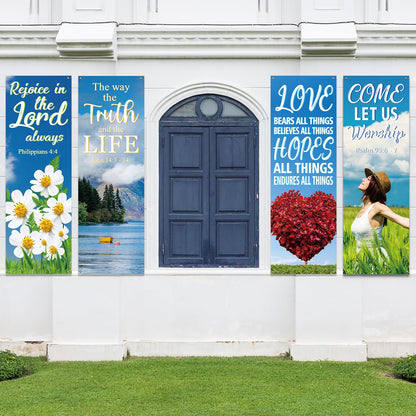 4Pcs Church Banners for Sanctuary Wall Welcome Inspirational Religious Banners Hanging Backdrop Fresh Scenic Pattern Church Banner with Scripture Bible Verses Exquisite Banner for Holiday School Decor