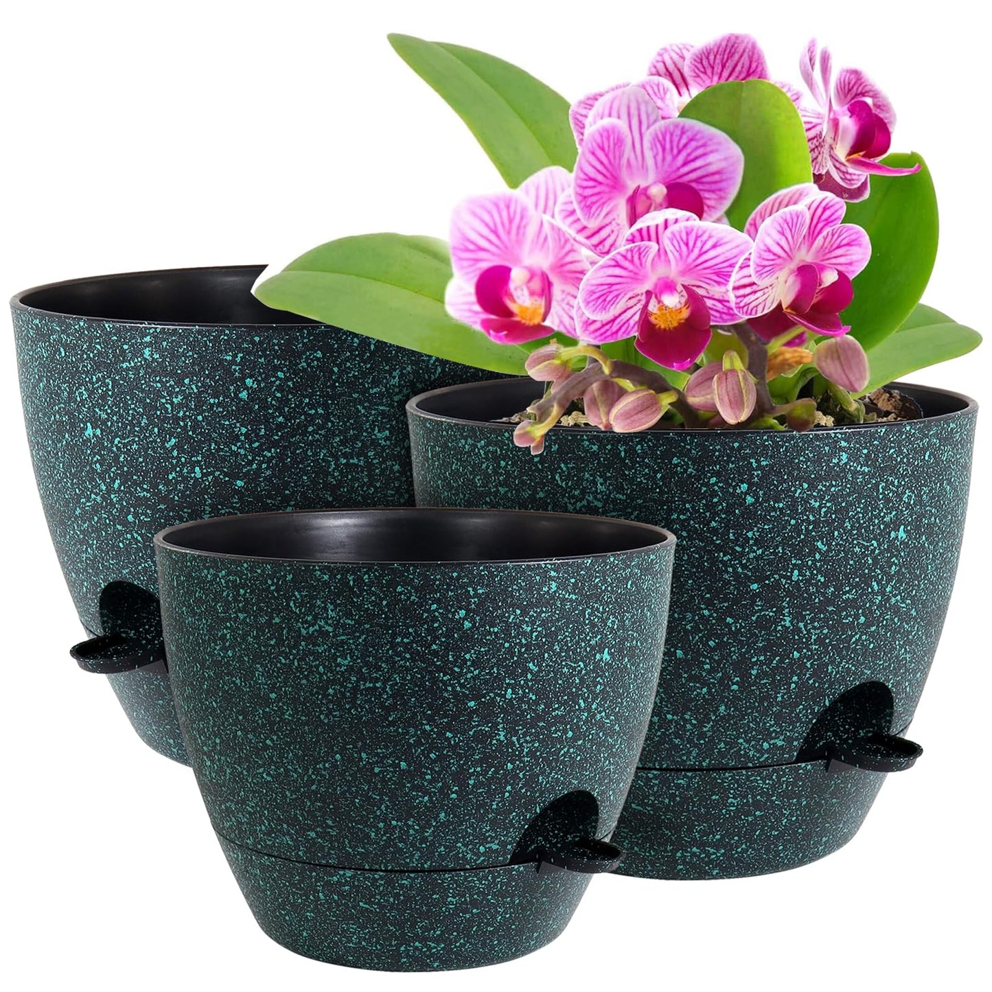 WSMKSZ 12/10/9 inch Large Self Watering Pots, Planter, Plant Pots with Mesh Drainage Holes for Indoor Outdoor Garden Plants, Plastic Flower Pots with Deep Reservoir, Black with Green Speckles