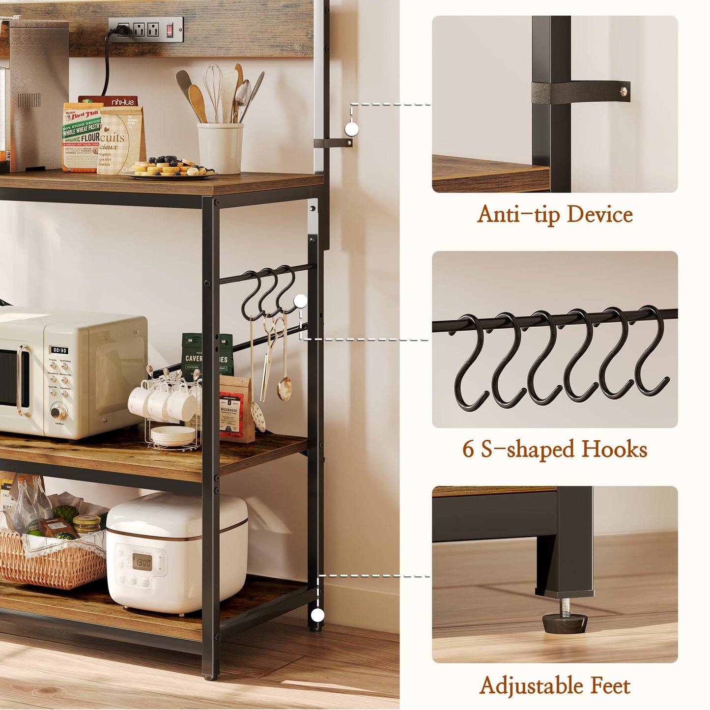 SUPERJARE Kitchen Bakers Rack with Power Outlet, Coffee Bar Table 4 Tiers, Kitchen Microwave Stand with 6 S-shaped Hooks, Storage Shelf Rack for Spices, Pots and Pans - Rustic Brown