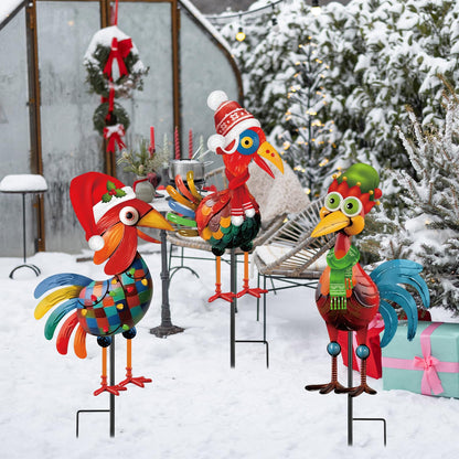 3 Pcs Christmas Chicken Outdoor Decorations Metal Christmas Glossy Rooster Chicken Yard Stakes Rooster Animal Garden Stakes Yard Art for Ground Yard Lawn Porch Sidewalk Xmas Holiday Decorations