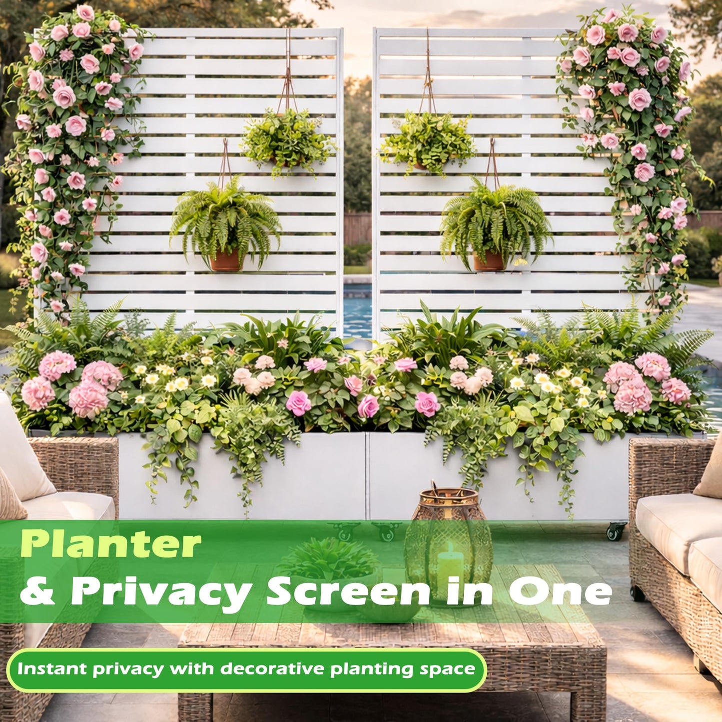 VERSSURE Metal Planter Box with Trellis, 43” L x 16” W x 71” H Raised Garden Bed with Wheels, Privacy Planters for Patio, Metal Planter Box with Drainage Holes, White
