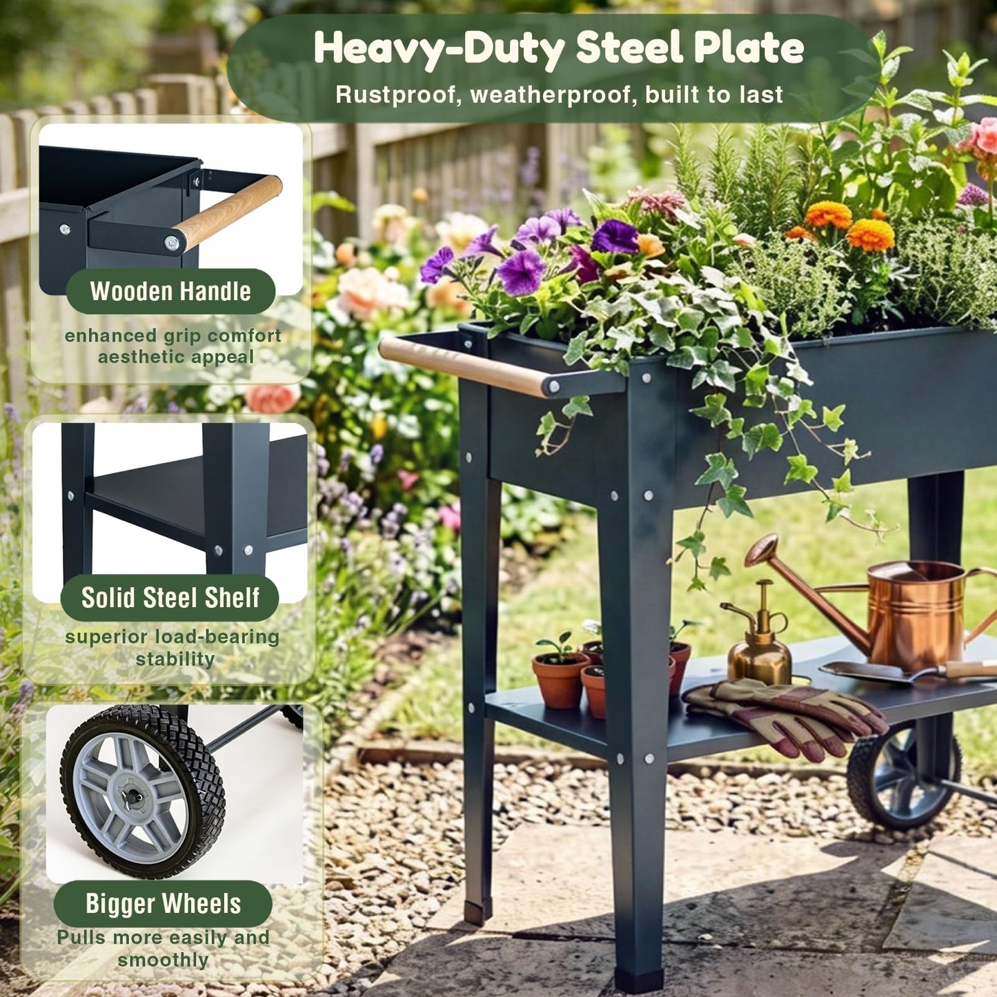 Growvy Raised Garden Bed Outdoor with Wheels, Leg and Wooden Handle, 29.5x13.4x32.3in, 350lb Cap, Metal Elevated Raised Planter Box for Herb, Vegetable, Perfect for Backyard, Balcony, Light Black