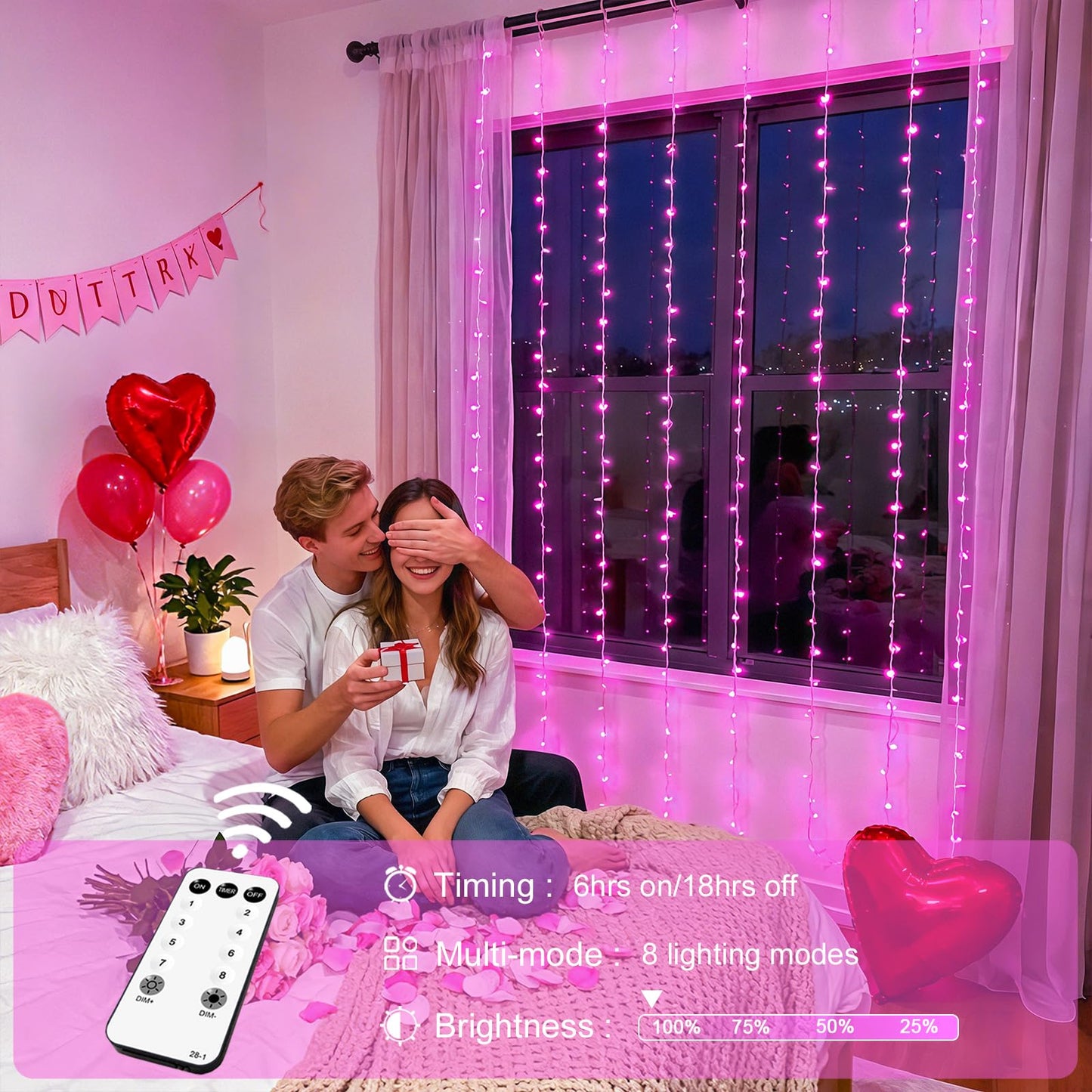 JMEXSUSS 300 LED Curtain Lights Plug in with Remote, Pink String Lights for Bedroom, Christmas, Window, Wall, Party, Teen, Girls' Room, Dorm, Valentine's Day Indoor Outdoor Decor, 9.8X9.8ft