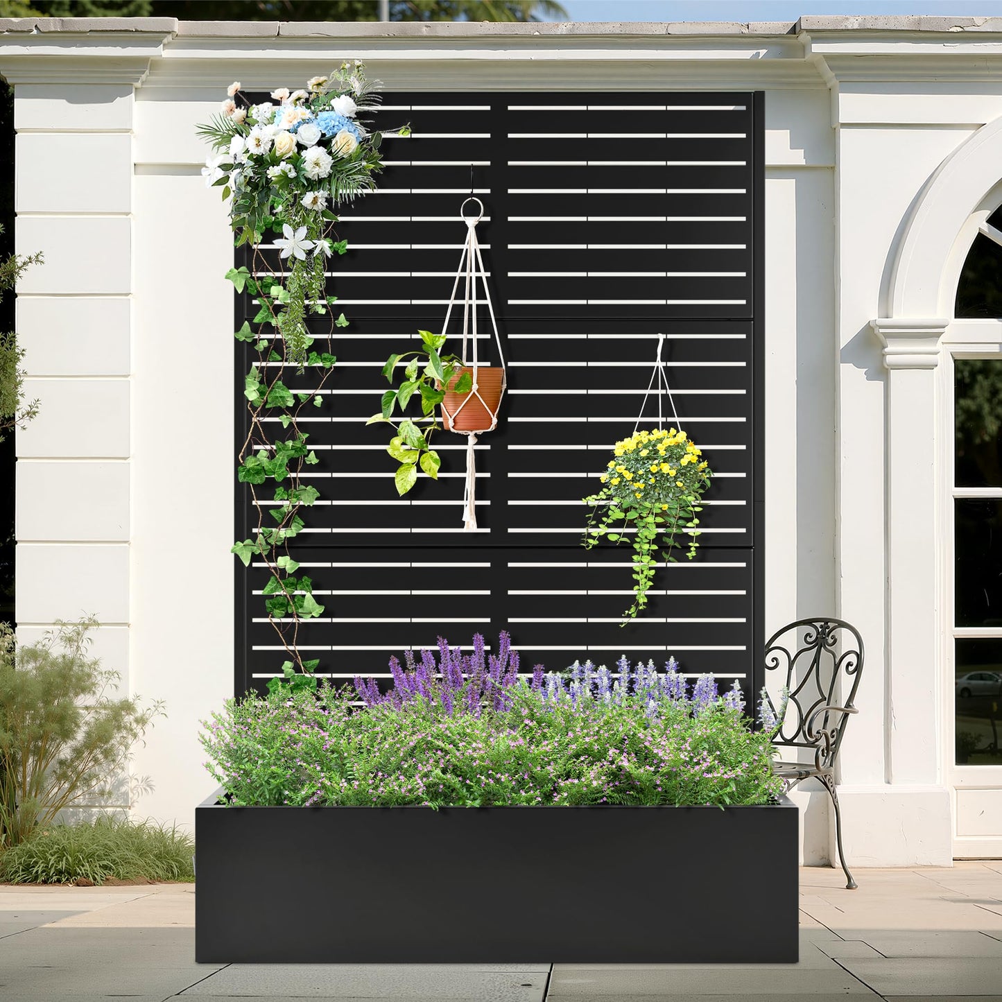 Metal Planter Box with Trellis, Heavy-Duty Raised Garden Bed for Climbing Plants, Drainage Hole, Outdoor Planter Box with Privacy Screen，47''L×16''W×71''H
