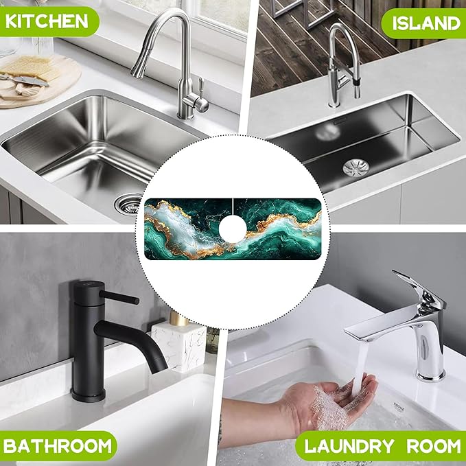 Emerald and Gold Marble Texture Kitchen Sink Splash Guard Faucet Mat Super