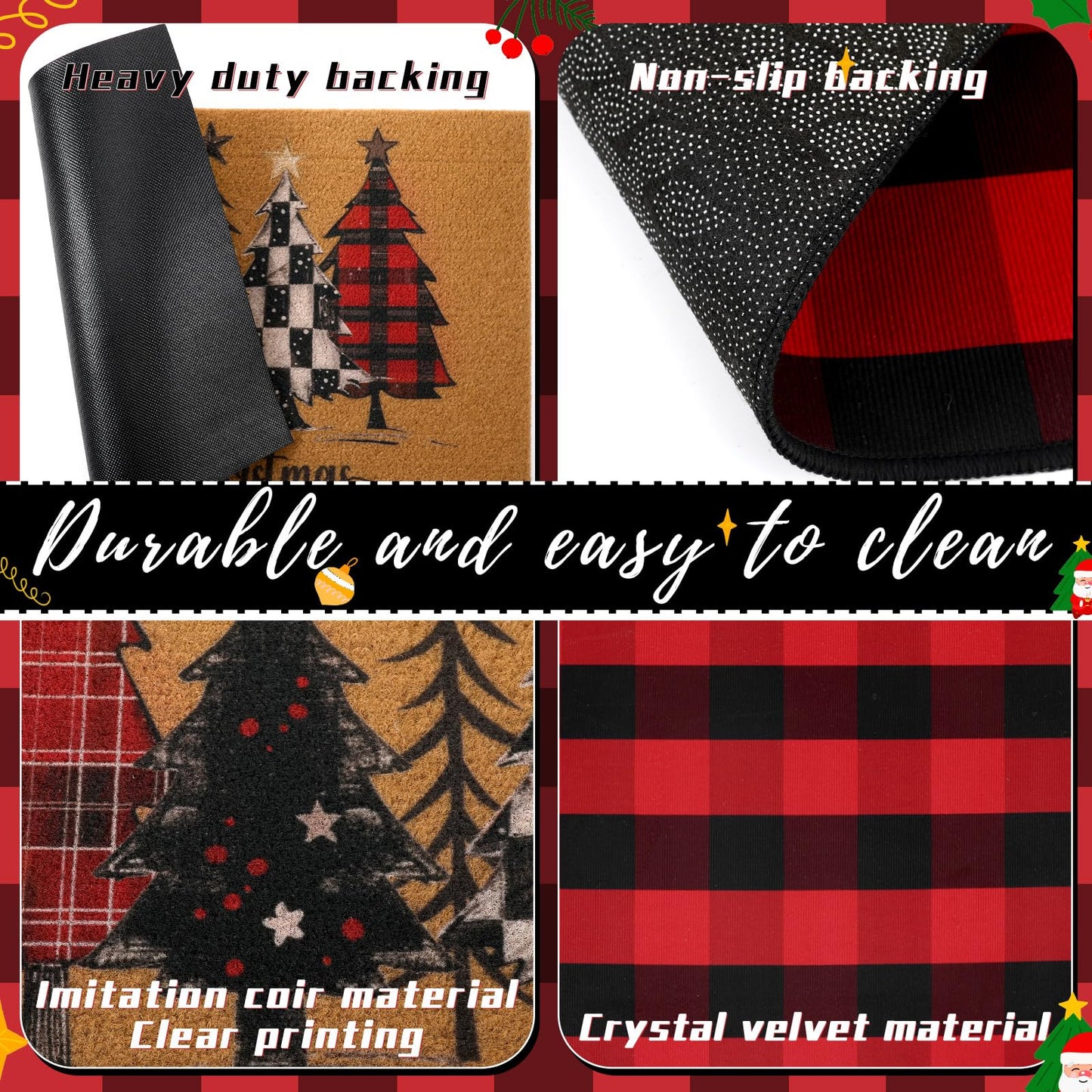 WinnerWhy 2 Pcs Christmas Front Porch Rug Buffalo Plaid Christmas Front Door Mats Imitation Coco Coir Xmas Welcome Layering Rugs for Outdoor Home Winter Festival Holiday Farmhouse Decor, 28 x 43 Inch