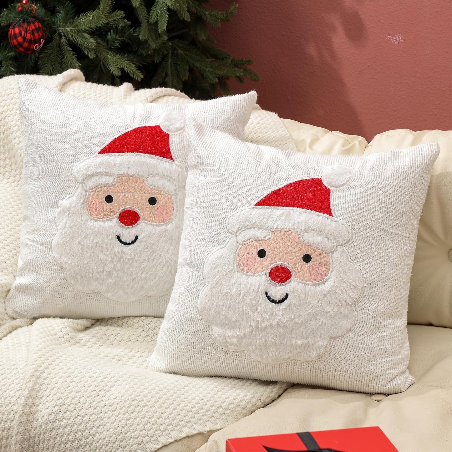 Tranqun 2 Pcs Christmas Pillow Covers, Santa Claus Square Embroidered Throw Pillow Covers for Christmas Winter Decoration for Bed and Sofa (18x18 Inch)