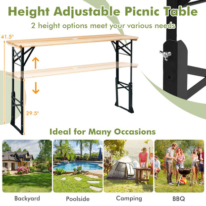 CHEFJOY 5.5FT Folding Picnic Beer Table, Outdoor Camping Table with Umbrella Hole & 2 Adjustable Heights, Heavy Duty Metal Frame & Solid Wood Top, Portable Picnic Table for Patio, Garden, Backyard