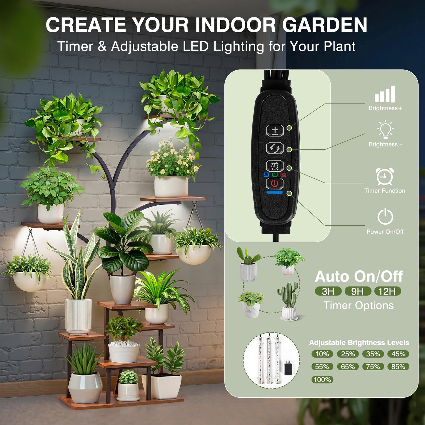 VECELO Plant Stand with LED Light, 10-Tier Indoor Plant Shelf with Supplemental Lighting, Metal Frame & Wood Shelves with Hanging Hooks, Space-Saving Plant Rack for Living Room or Corner Display
