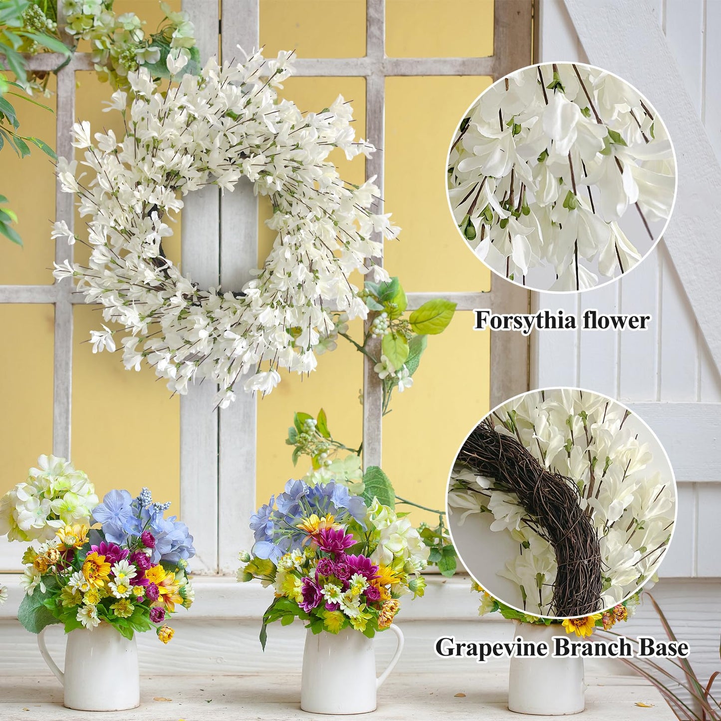 Spring Wreath for Front Door, 24 Inch White Cream Forsythia Spring Wreath Blossom Cluster Flower Farmhouse on Grapevine for Front Door Wall Window Hanging Décor Festival Celebration