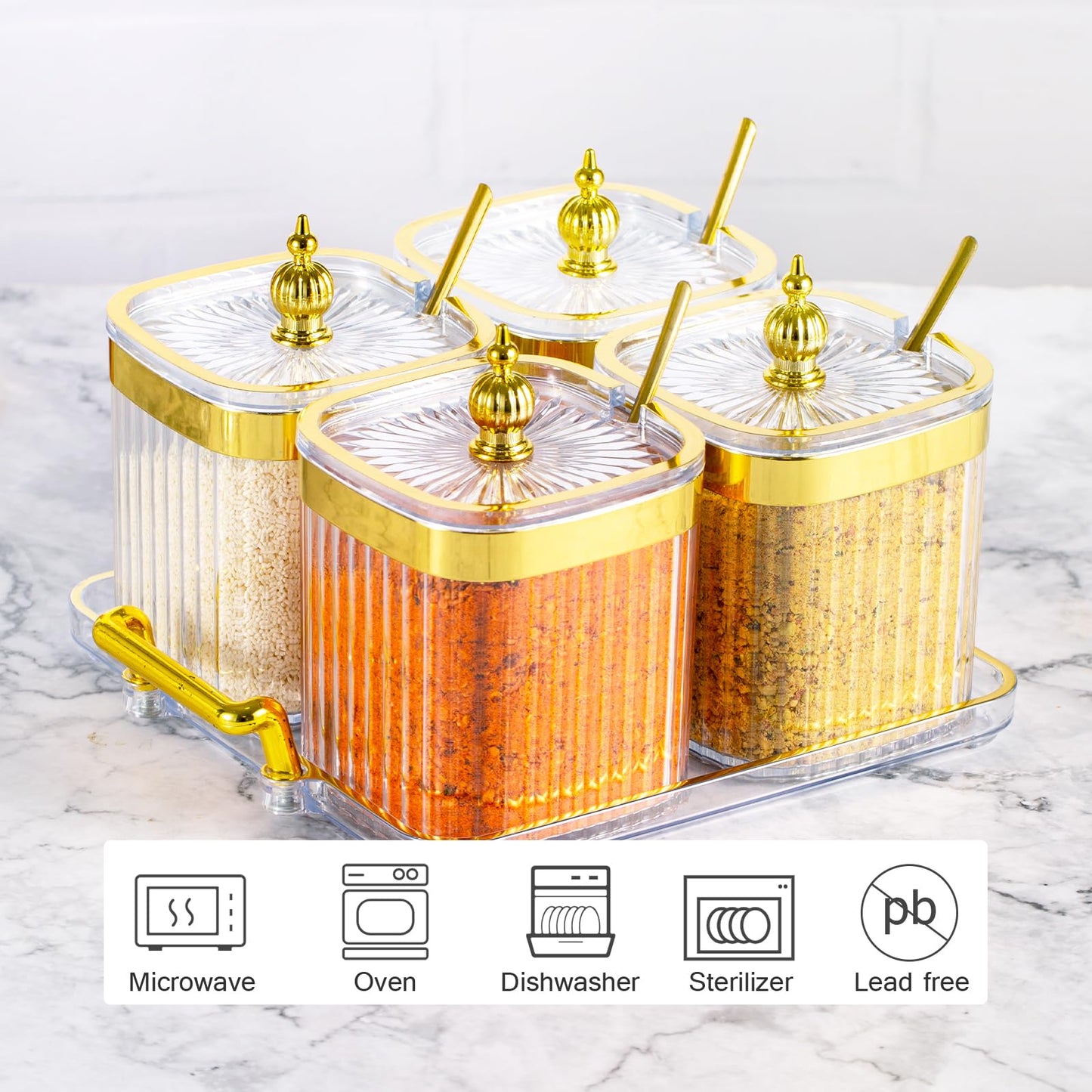 EABOSON 4 Pack Clear Condiment Spice Jars with Lids, Spoons, Tray - Plastic Seasoning Box Set for Salt, Pepper, Sugar - Kitchen Storage