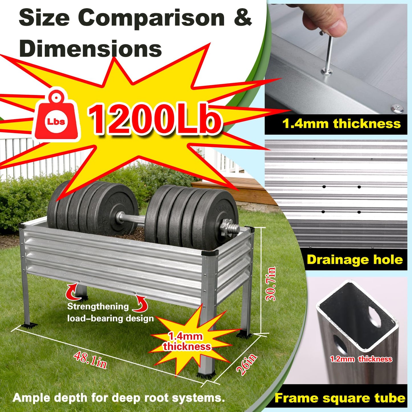 Yardbliss Large Galvanized Raised Garden Bed Outdoor with Legs, Load Capacity 1200LB, 48x26x30in Raised Garden Bed, for Backyard/Patio/Balcony/Gardening/Vegetables Flowers, Sliver
