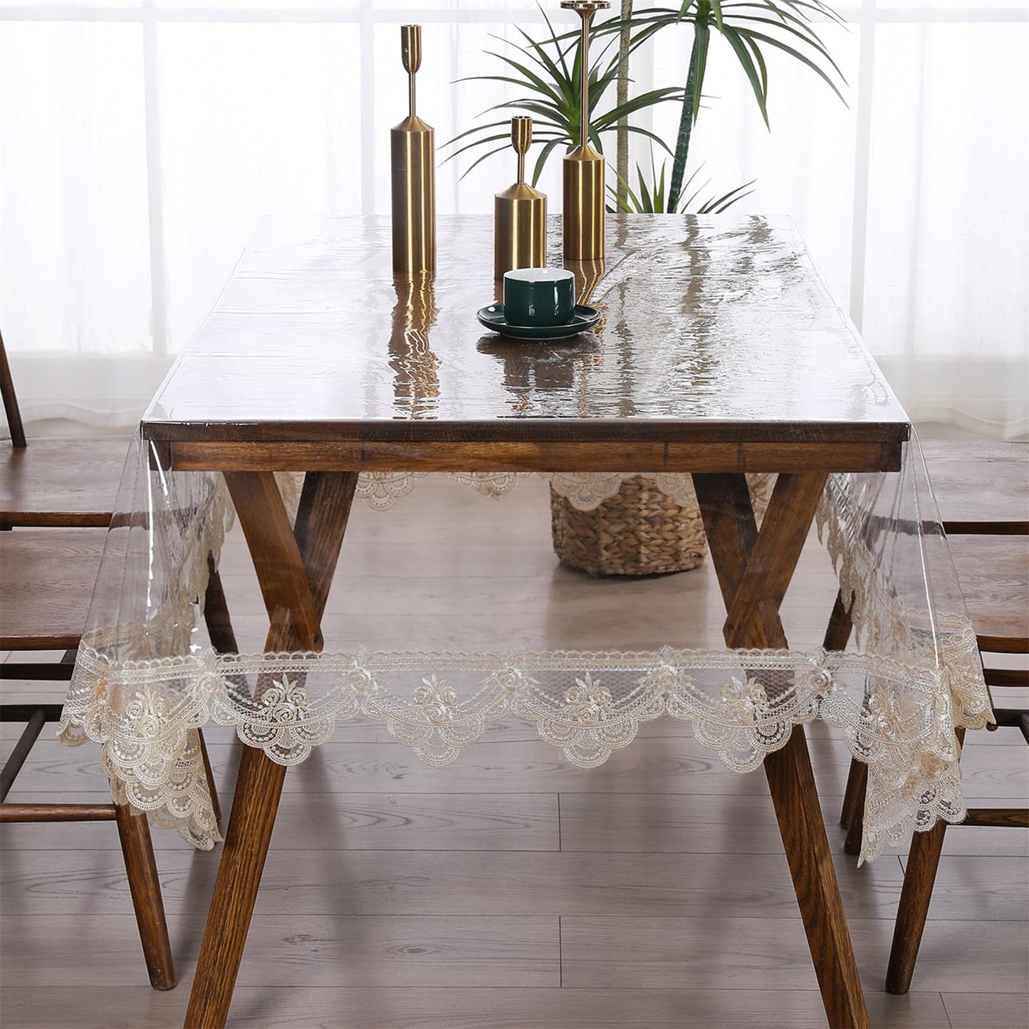 Rakila Clear Plastic Rectangle Tablecloth Vinyl Waterproof Table Cloth Embroidered Lace Edge Transparent Table Cover for Dining Kitchen Outdoor(60 x 86 inch, Coffee Style 2)