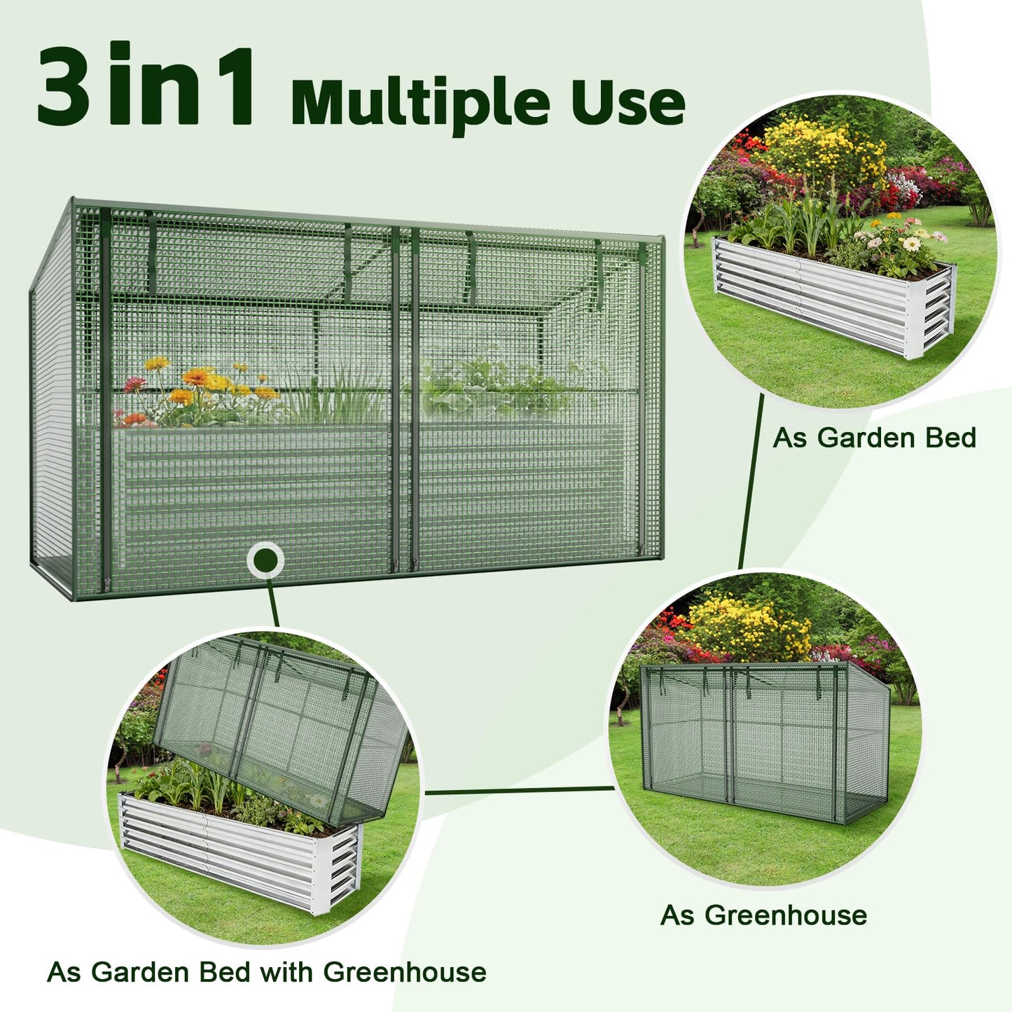 HEAHOLD Galvanized Raised Garden Bed with Greenhouse Cover – 17" Tall Metal Planter Box for Vegetables, Herbs, Flowers, Raised Garden Beds Outdoor with Green Cover for Patio, Balcony, Backyard