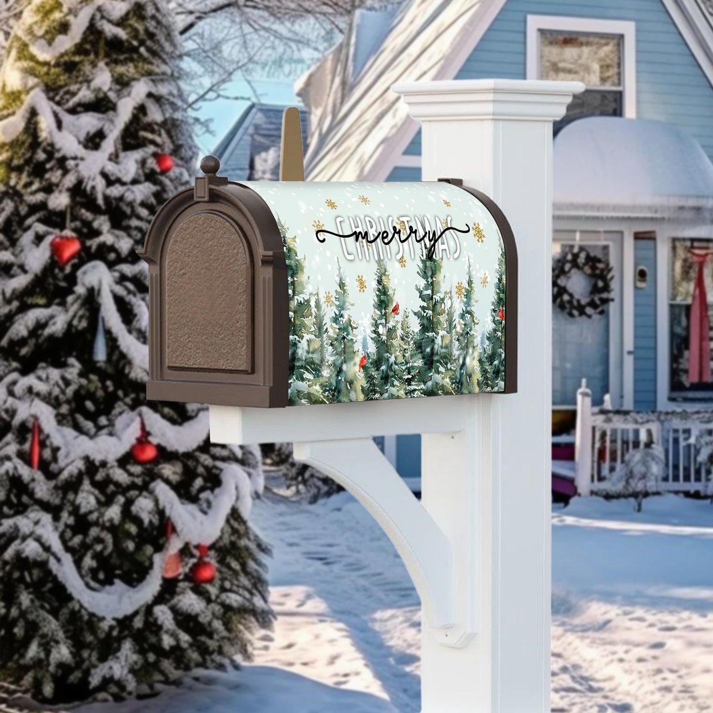 Merry Christmas Mailbox Cover - Magnetic Standard Size 18" X 21" - Christmas Dark Green Pine Trees Cardinal Birds Snowflake Mailbox Cover Decor for Home Garden Yard Post Letter Box