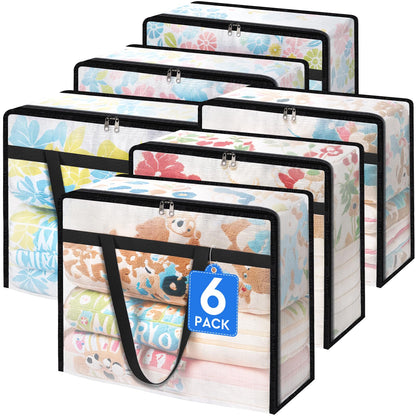 TasticTotes 6 Pack Clear Storage Bags for Comforter, Clothes & Bedding, Plastic Blanket Storage with Zipper and Handle, Moving Bags, Closet Organizer and Under-Bed Storage (40L)