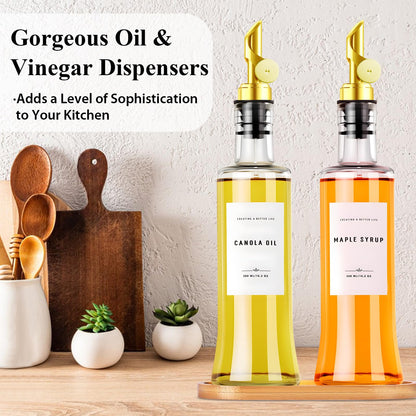 GIXSEGIE Olive Oil Dispenser Bottles for Kitchen with Bamboo Tray, Oil and Vinegar Dispenser Set, Coffee Syrup Dispensers, Glass Dispensers for Kitchen, Dispenser Bottle of 300ml - Set of 2 Gold
