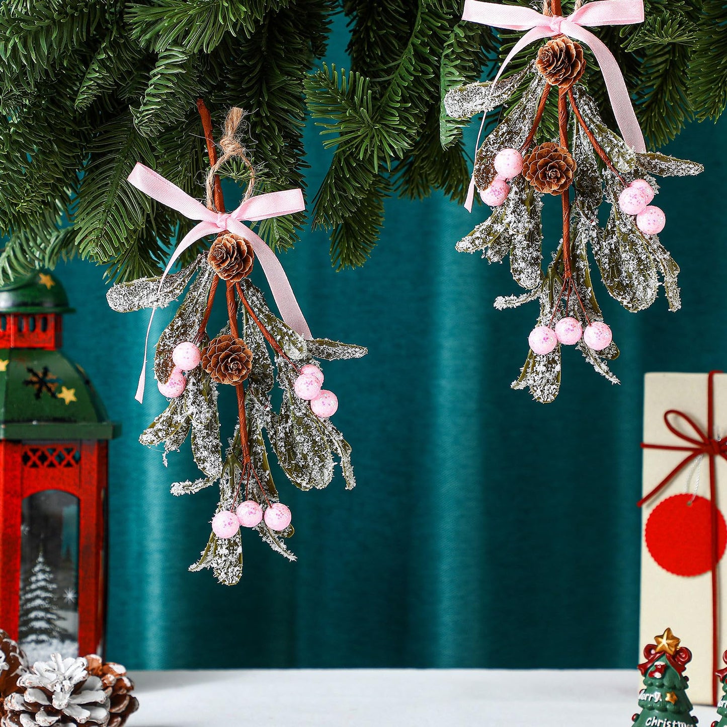 Giegxin 1 Piece Christmas Artificial Mistletoe Ornament with Bow Christmas Hanging Mistletoe Decoration Bouquet Floral Natural Pine Cones Holiday Decor Ornament Bouquet (Pink Style,Pink)