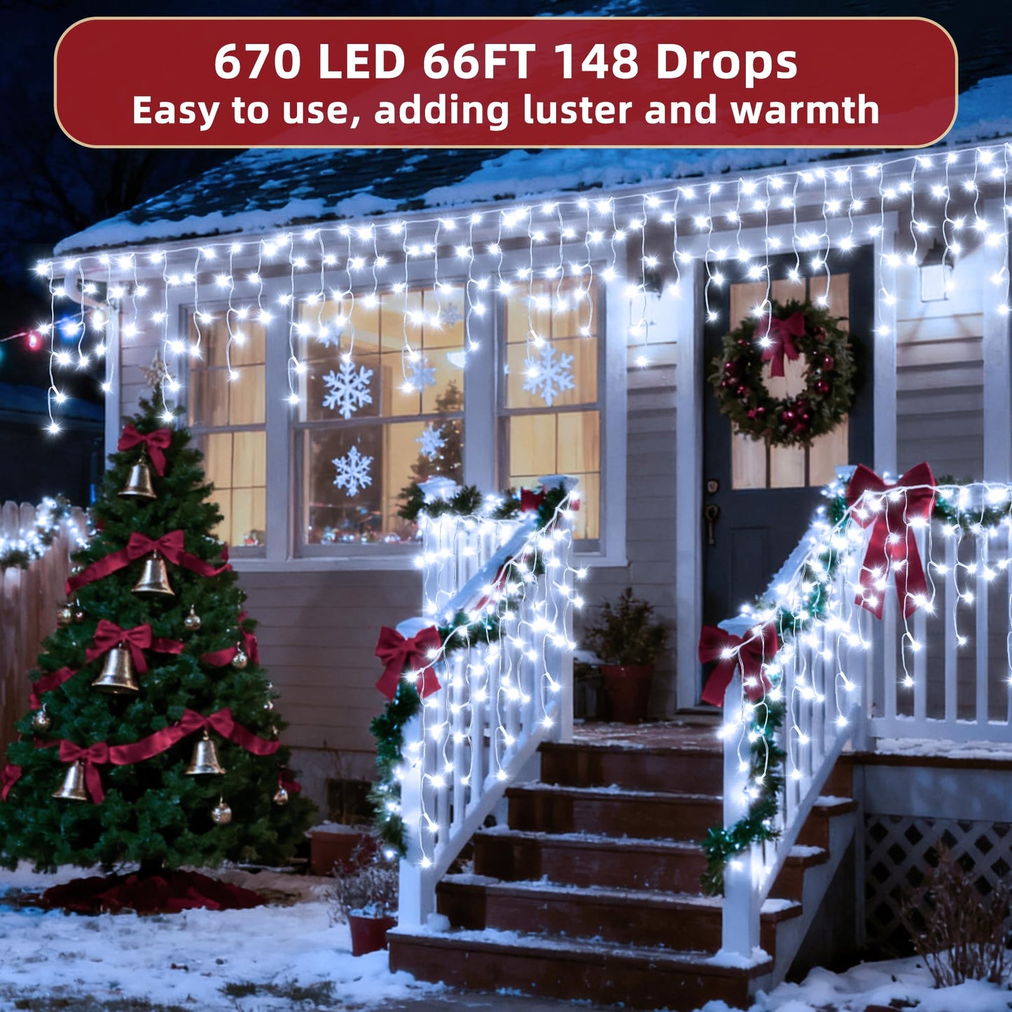 670 LED 66ft Christmas Lights with 148 Drops, 12 Lighting Modes Cool White Christmas Decoration Twinkling Lights Dimmable, Timer Outdoor Waterproof Fairy Lights for Indoor Garden House Eaves Roof