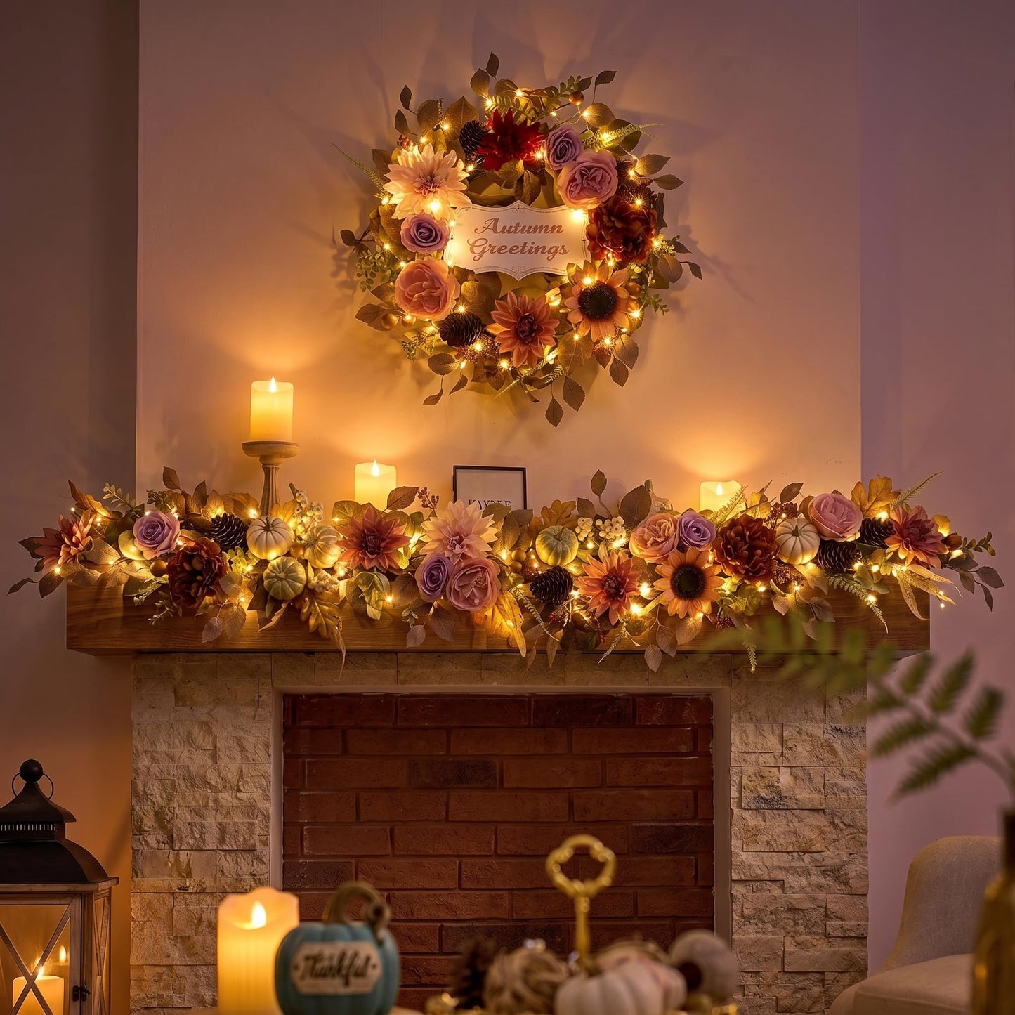 Valery Madelyn 24'' Collapsible Pre-Lit Flowers Fall Wreath for Front Door